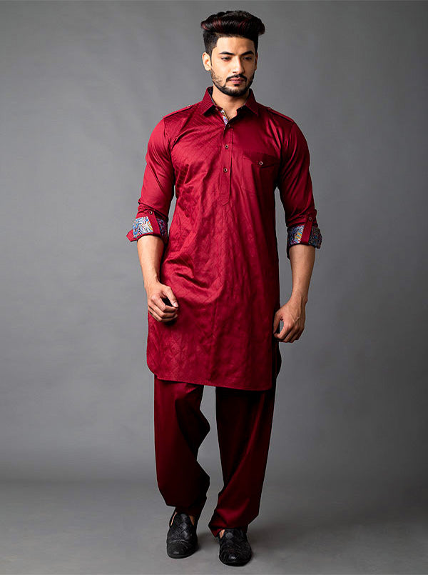 Traditional Maroon Pathani Kurta Set for Men Buy Online USA SilverBin