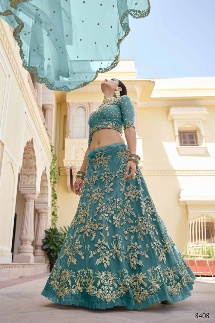 Teal Green Soft Net Semi Stitched Lehenga | Party Wear Lehenga for Women