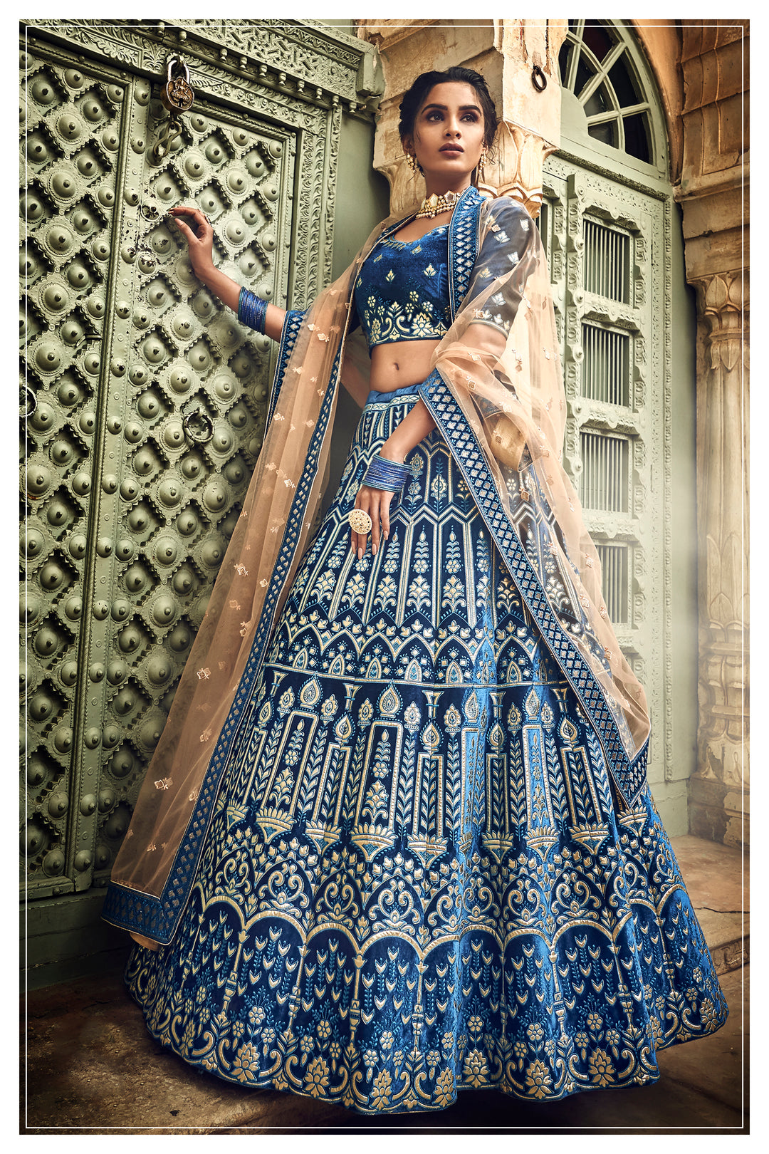 Designer Blue Lehenga for Women | Velvet Lehenga with Net Dupatta