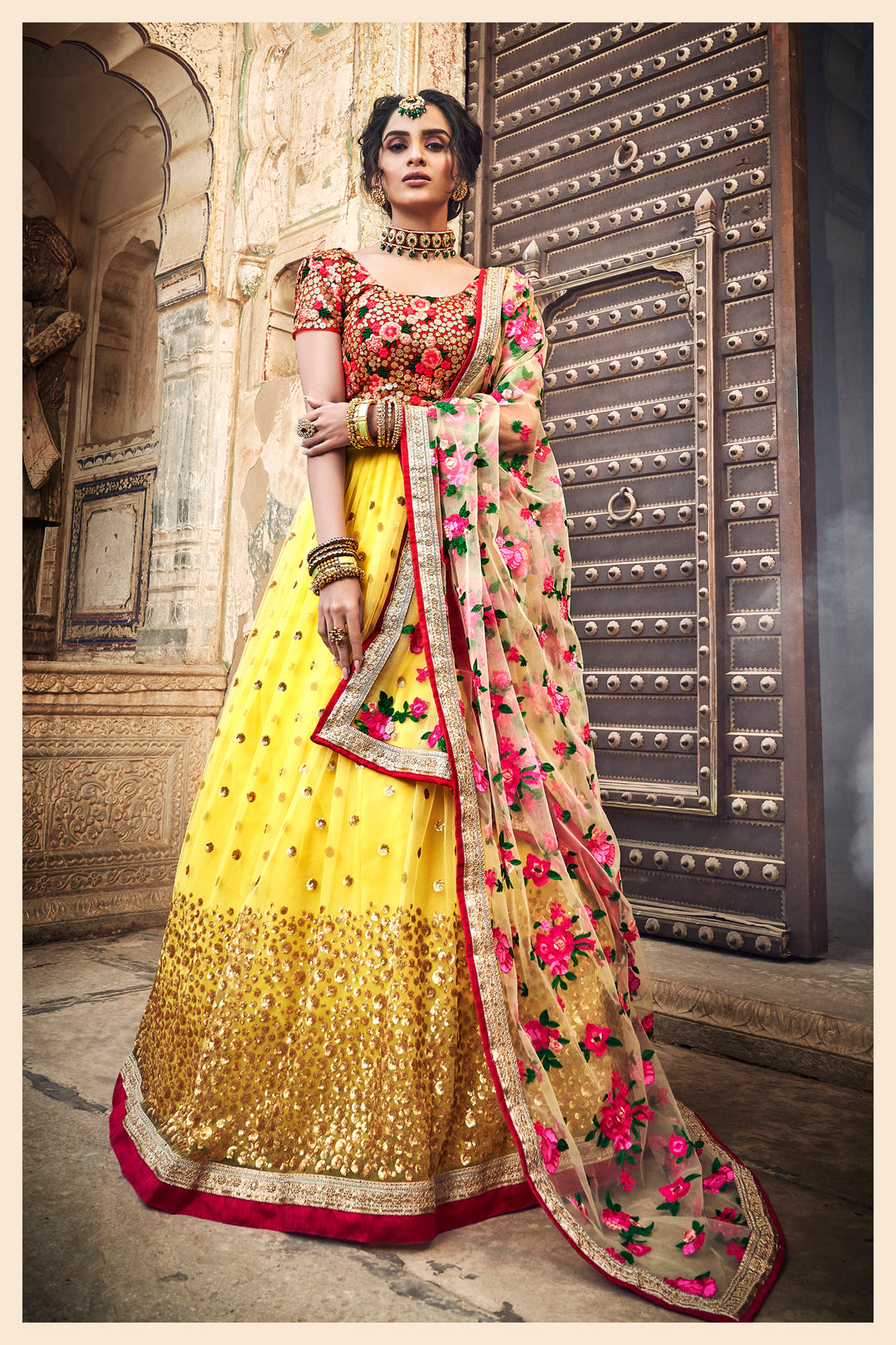 Yellow Bridal Lehenga Choli | Zari Sequins on Soft Net Fabric