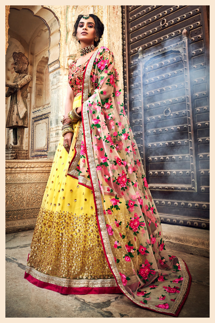 Yellow Bridal Lehenga Choli | Zari Sequins on Soft Net Fabric