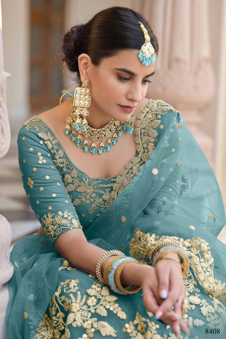 Teal Green Soft Net Semi Stitched Lehenga | Party Wear Lehenga for Women