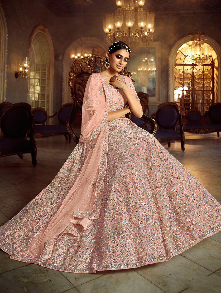 Peach Soft Net Lehenga with Dori and Zarkan Work | Bridal & Festive Wear