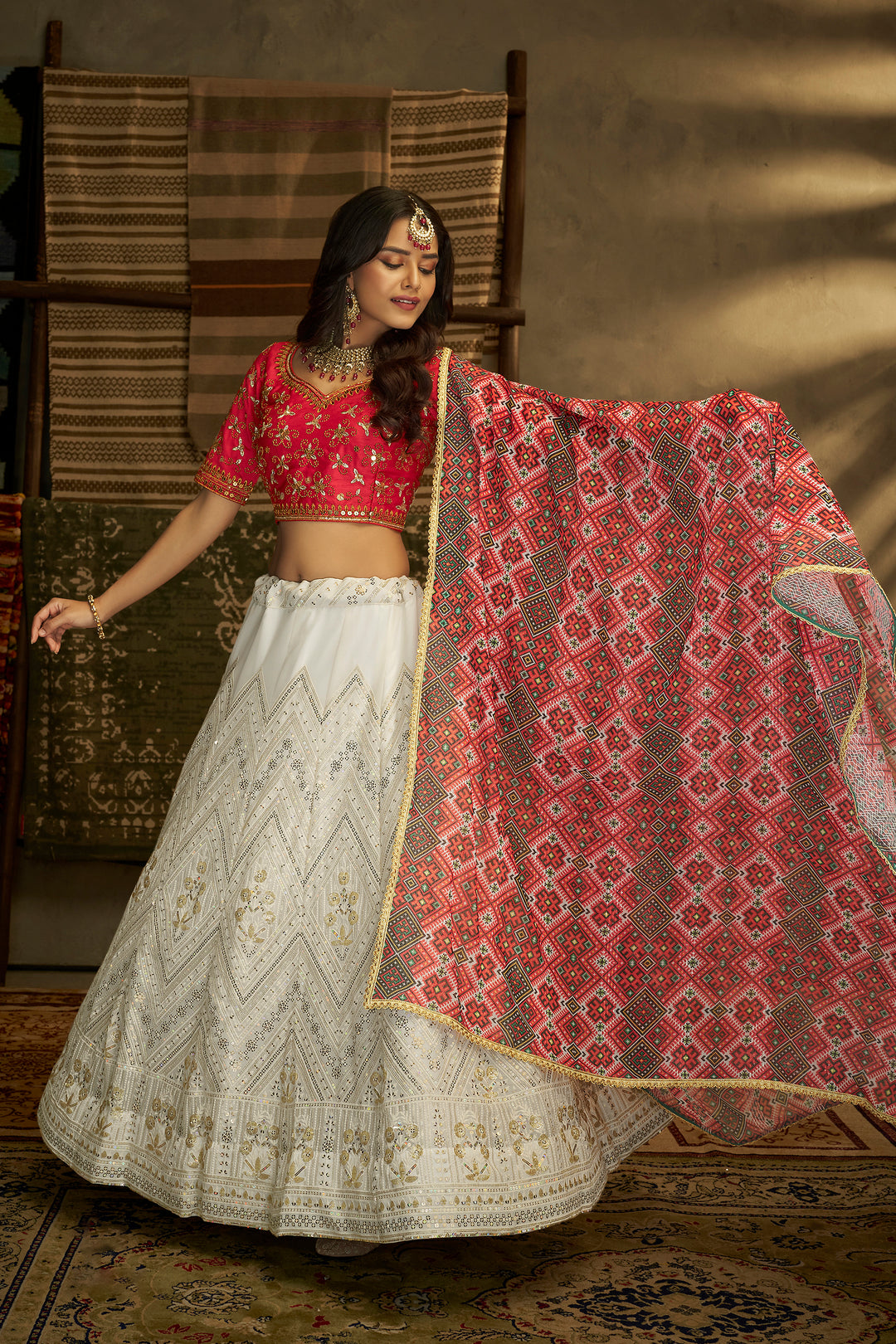 Indian Georgette Lehenga Choli | Elegant Red & White with Matching Dupatta