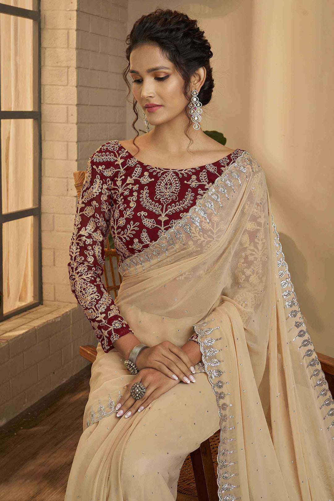 Beige Georgette Saree | Designer Blouse Unstitched Zari Sequins