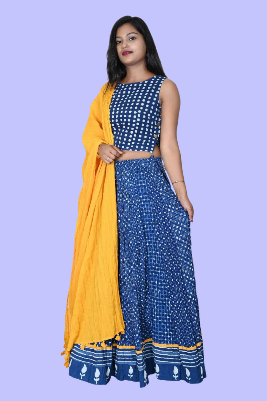 Flowy blue hand block printed maxi skirt for women, featuring an elegant border design, perfect for casual and festive wear.