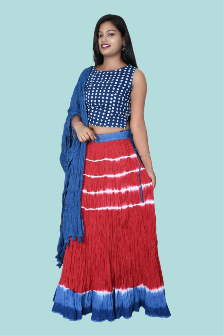 Maroon and blue Shibori A-line skirt for women, featuring a beautiful long design, perfect for casual and festive occasions.