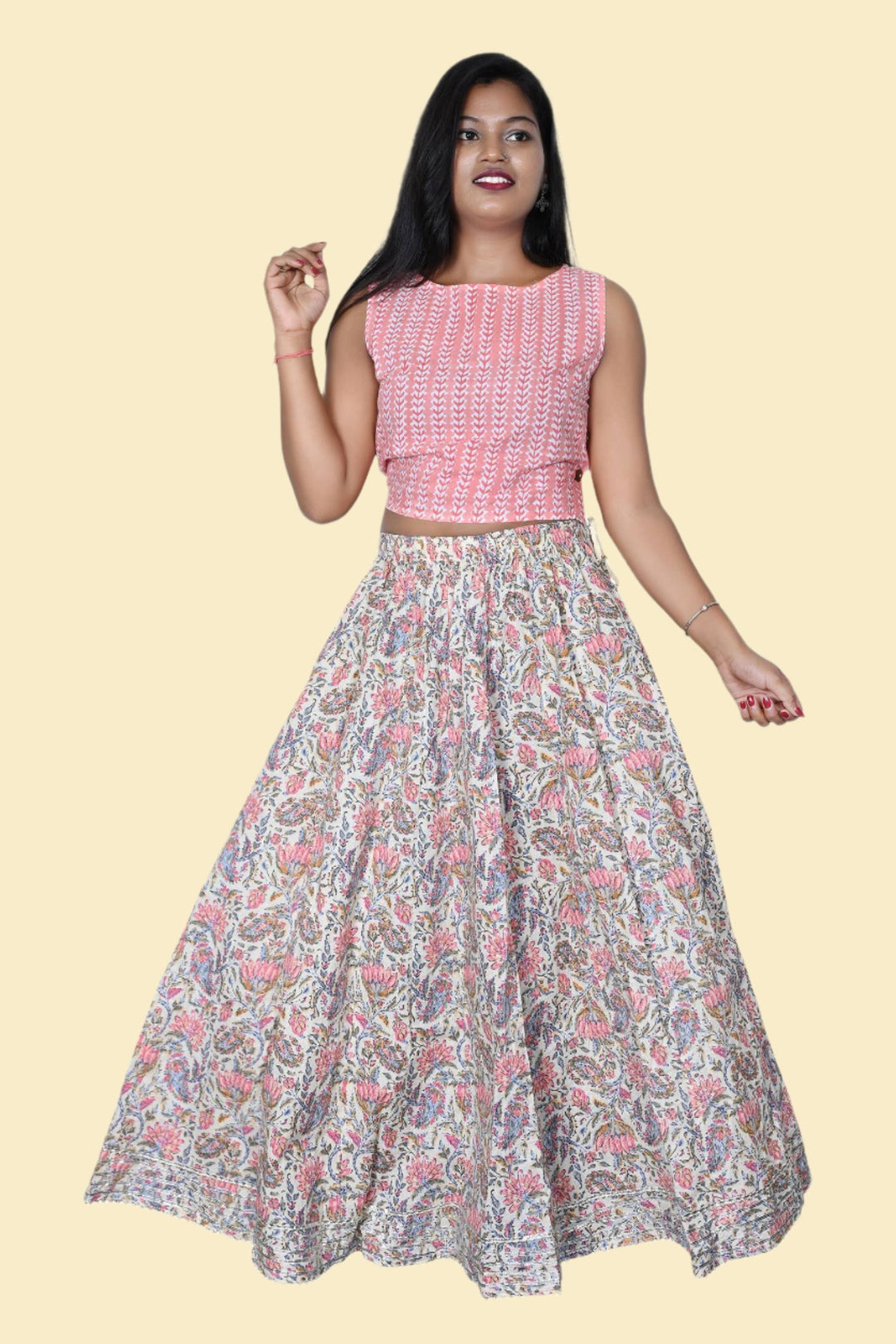 Floral print pink A-line maxi skirt, designed for women, offering a stylish and elegant look for both casual and formal events.