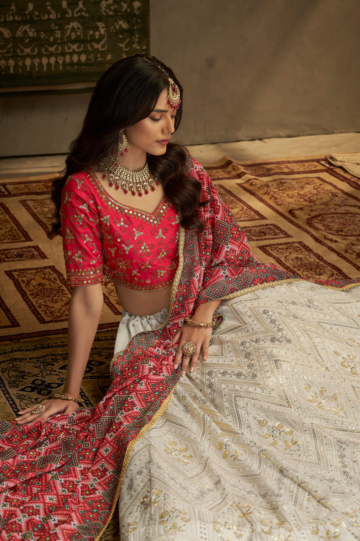 Indian Georgette Lehenga Choli | Elegant Red & White with Matching Dupatta