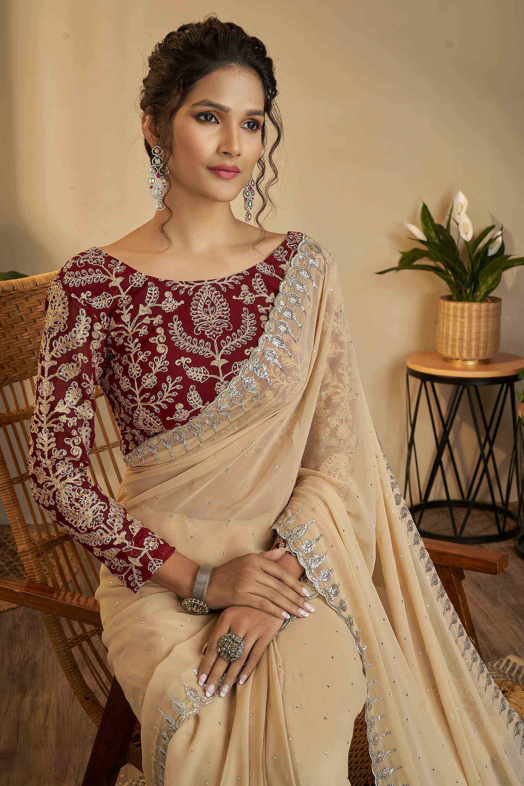 Beige Georgette Saree | Designer Blouse Unstitched Zari Sequins