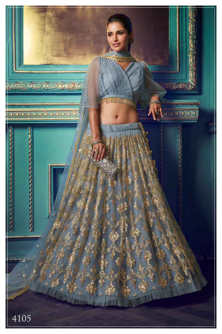 Gray Lehenga with Sequin Work | Elegant Soft Net Lehenga for Women