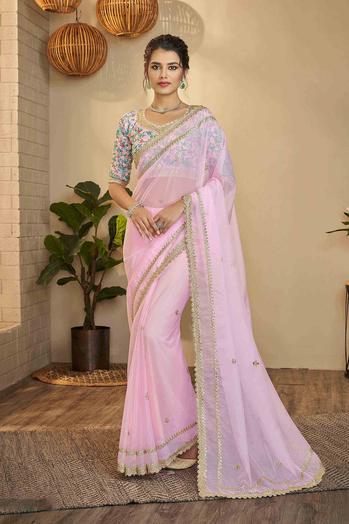 Pink Organza Zari Saree | Indian Wedding Saree with Unstitched Blouse