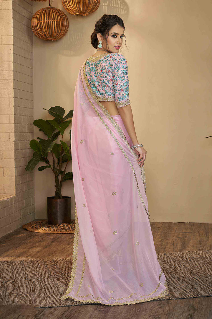 Pink Organza Zari Saree | Indian Wedding Saree with Unstitched Blouse