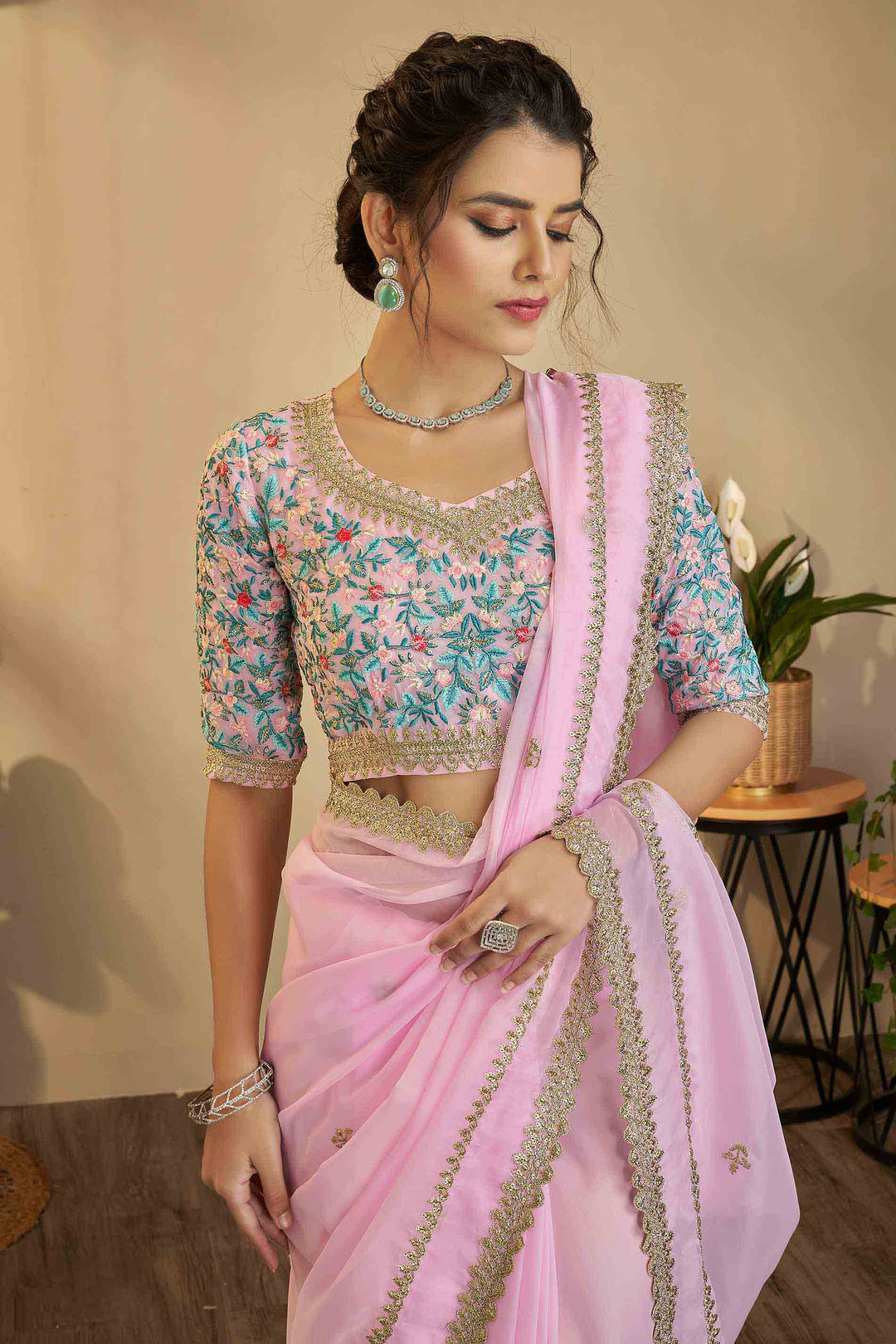 Pink Organza Zari Saree | Indian Wedding Saree with Unstitched Blouse