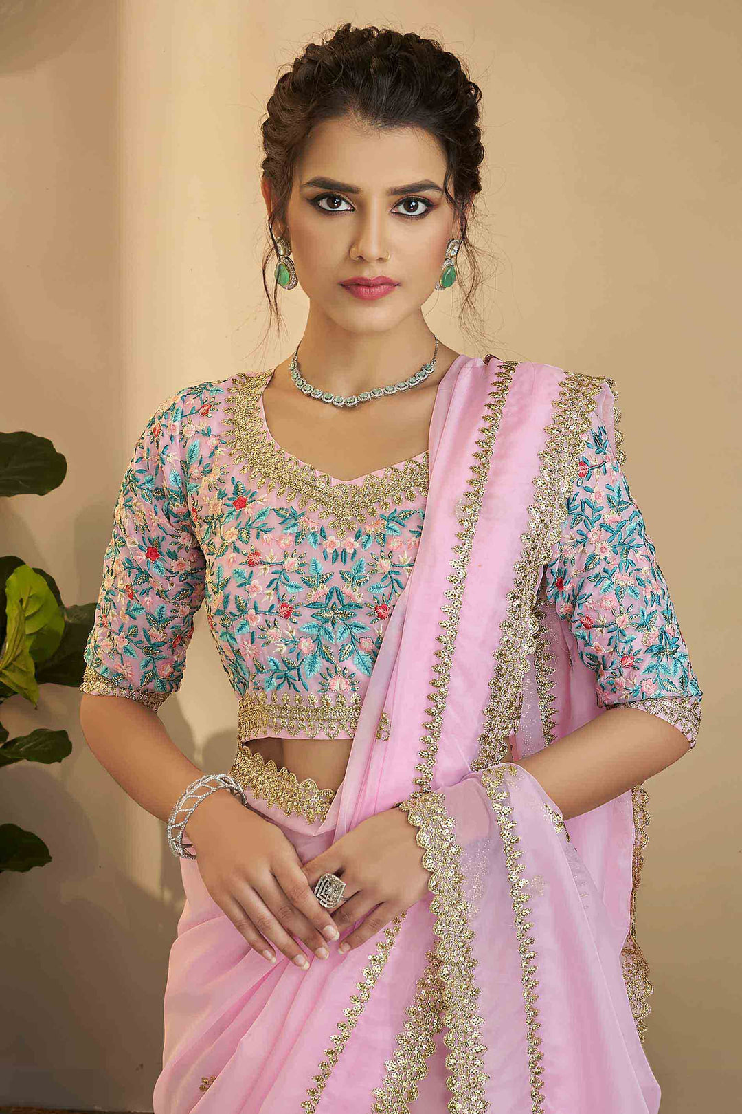 Pink Organza Zari Saree | Indian Wedding Saree with Unstitched Blouse