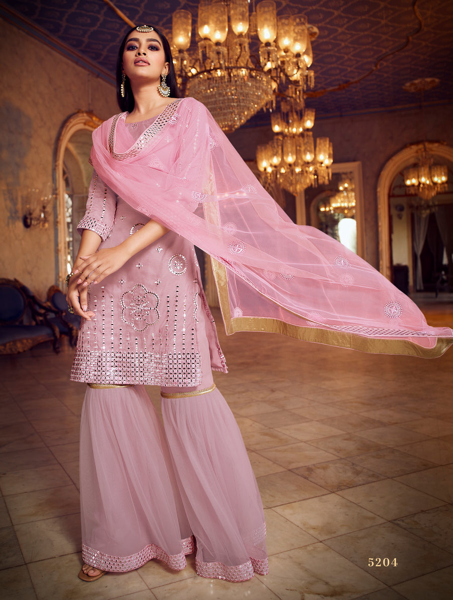 Mirror work baby pink sharara suit with intricate resham embroidery