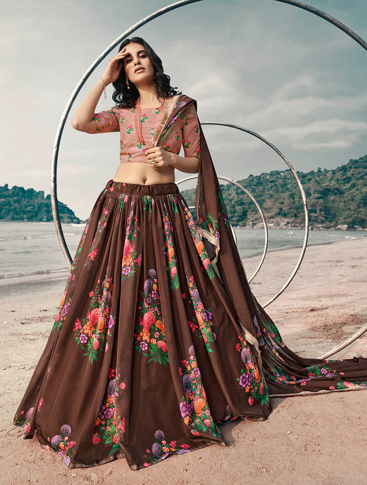 Brown Organza Lehenga | Stylish Printed Lehenga Choli for Sangeet Nights