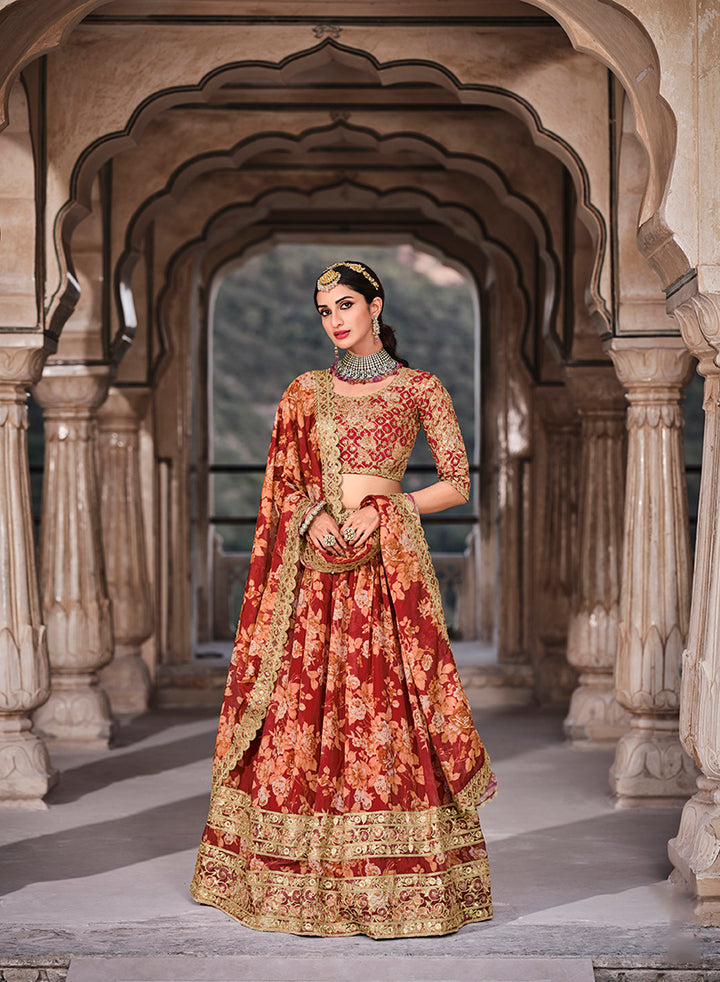 Modern Red Organza Lehenga Choli | Floral, Zari & Sequins A-line Dress