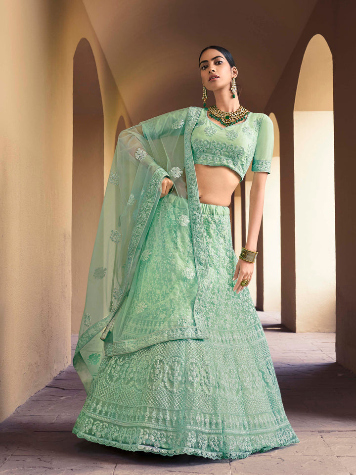 Soft Net Lehenga with Sequins and Dori Work | Semi-Stitched Pista Green Lehenga