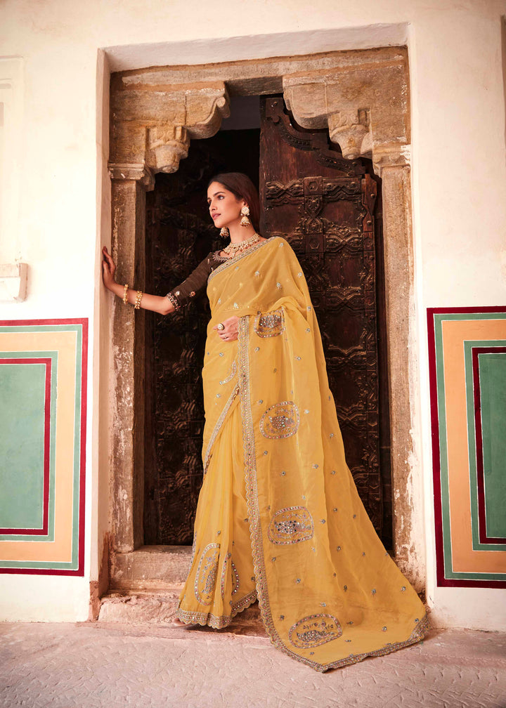 Mustard Organza Saree with Zari and Thread Work | Art Silk Blouse for Festive Wear