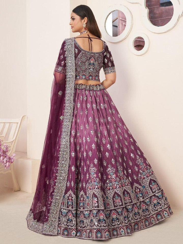 Wine Satin Lehenga Choli | Stone, Mirror & Threadwork for Weddings