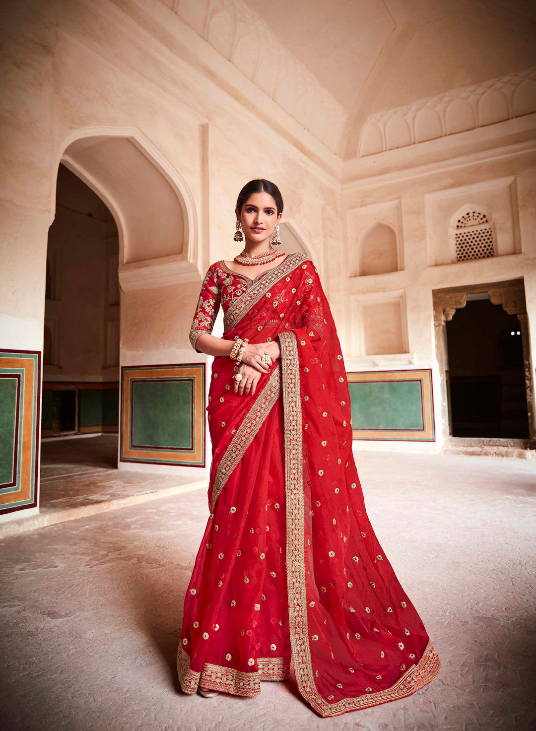 Red Organza Saree with Art Silk Blouse | Zari and Sequins Work for Party Wear