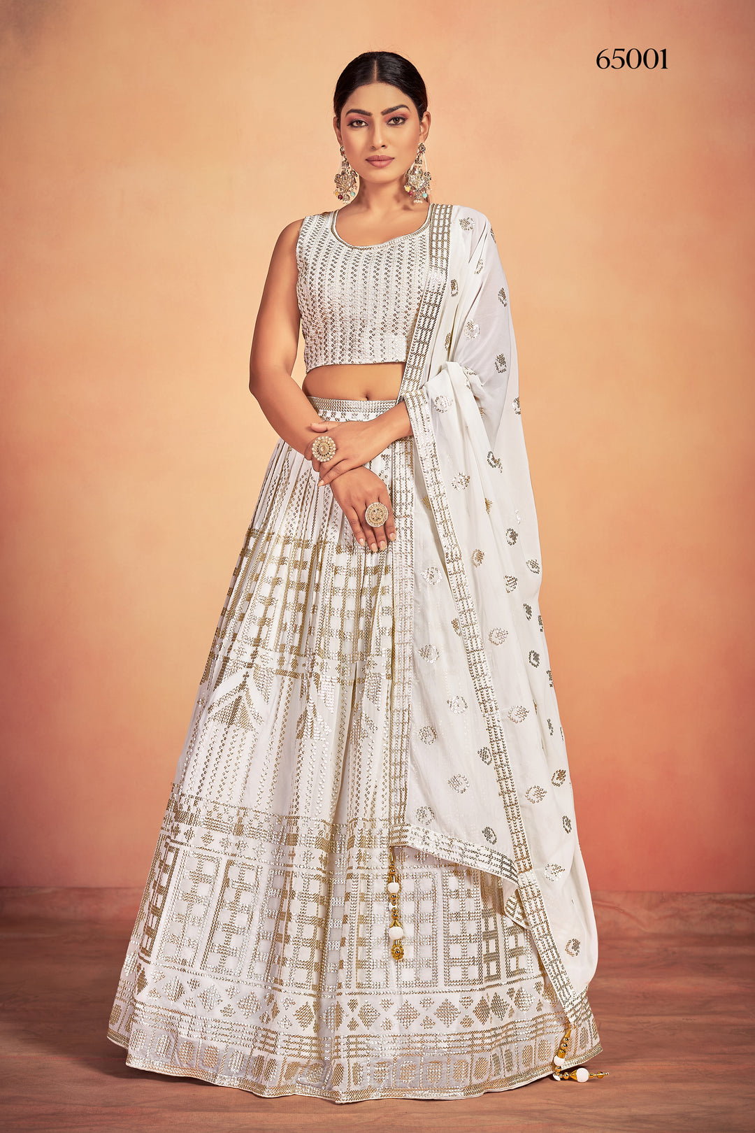 White Georgette Lehenga Set | Elegant Sequined Detailing & Graceful Design