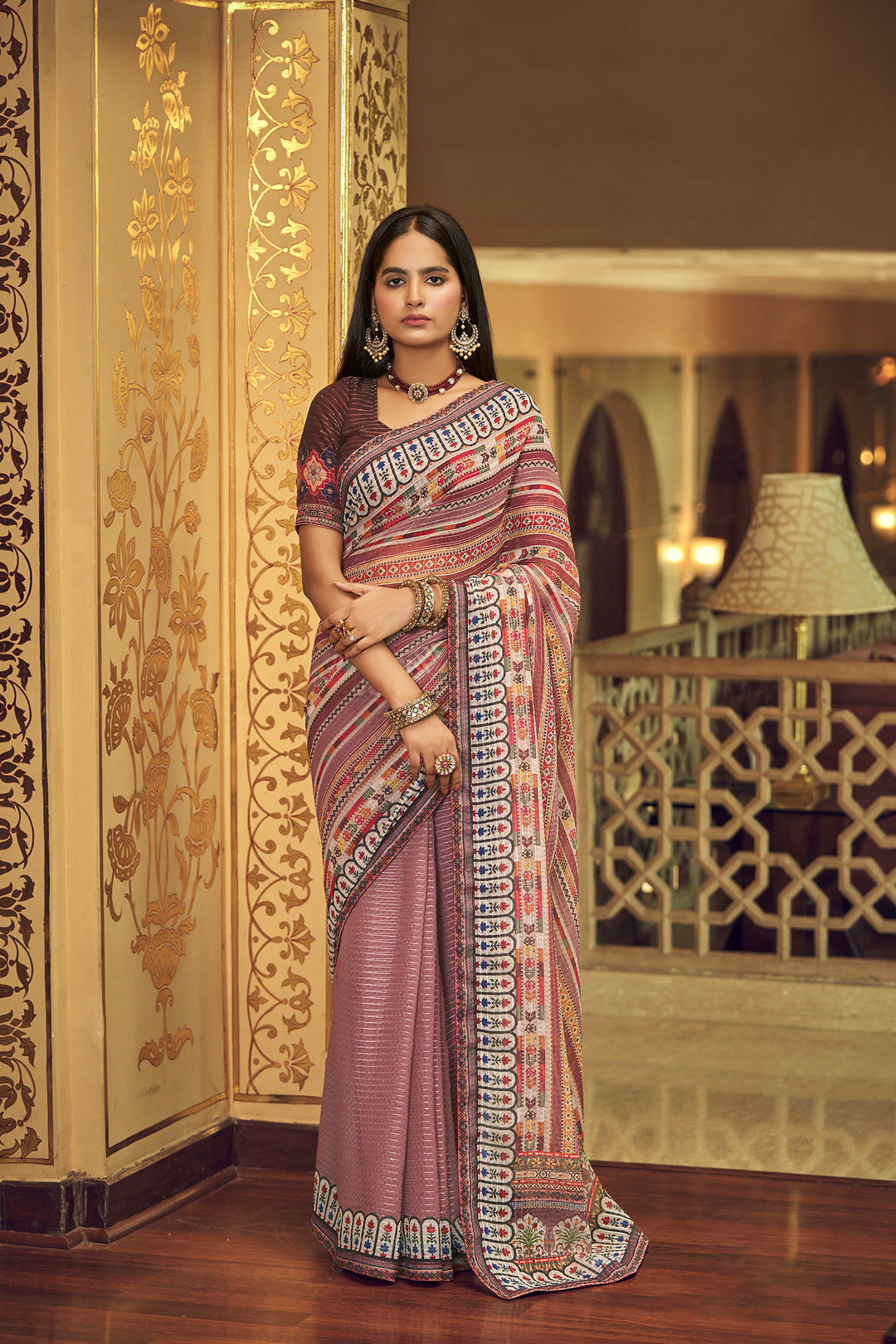 Mauve Georgette Saree with Sequins Work | Thread and Printed Art Silk Blouse