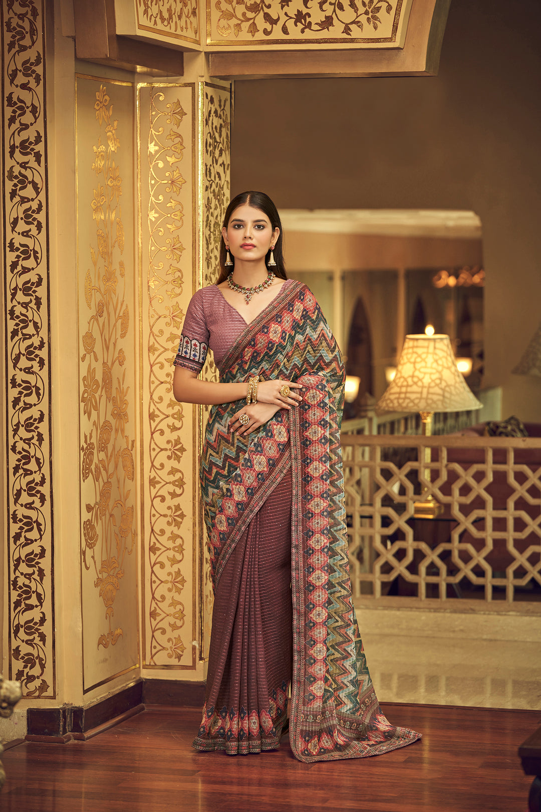 Brown Georgette Saree with Sequins Work | Thread and Printed Art Silk Blouse