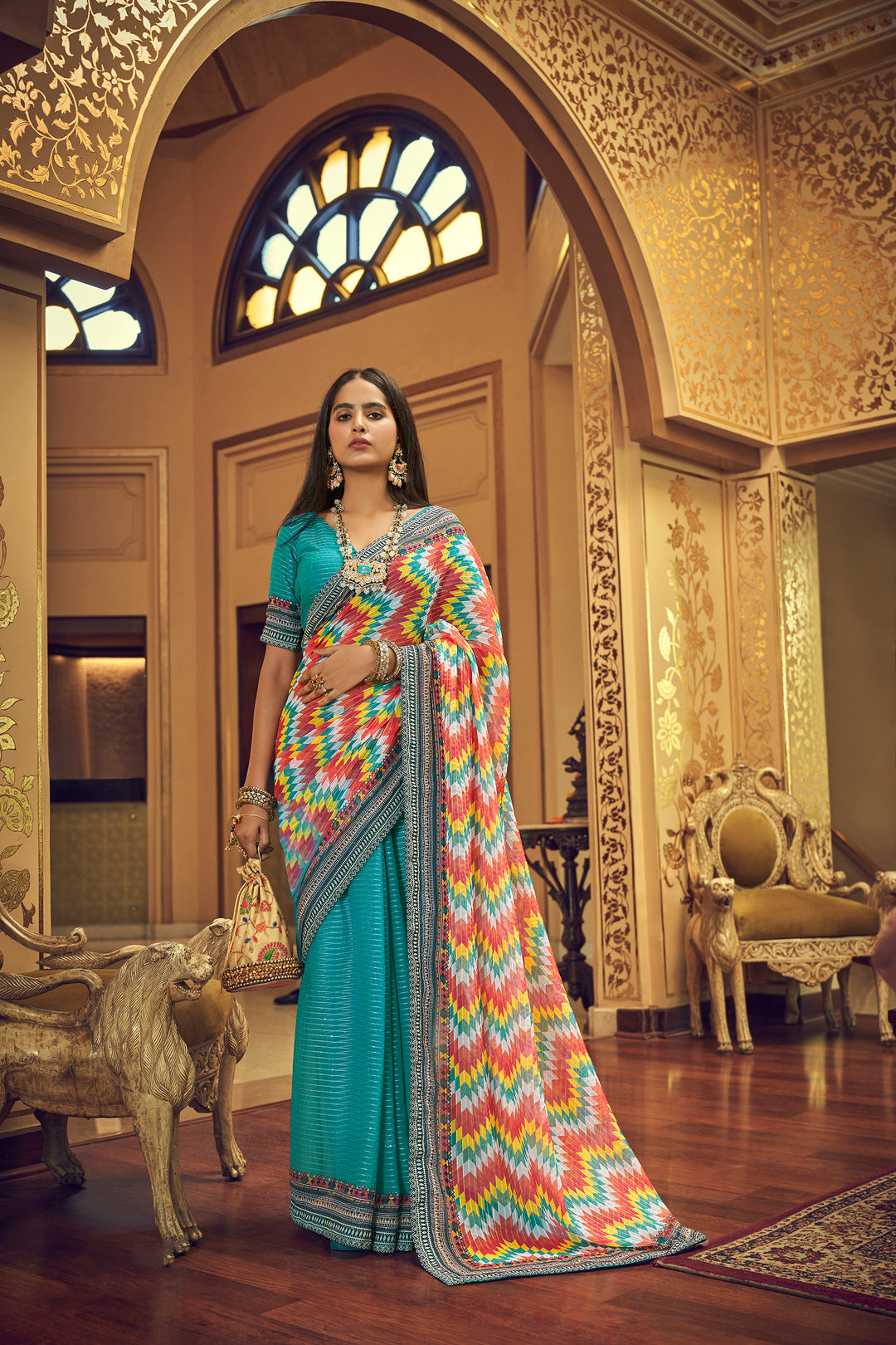 Turquoise Georgette Saree with Sequins Work | Thread and Printed Art Silk Blouse