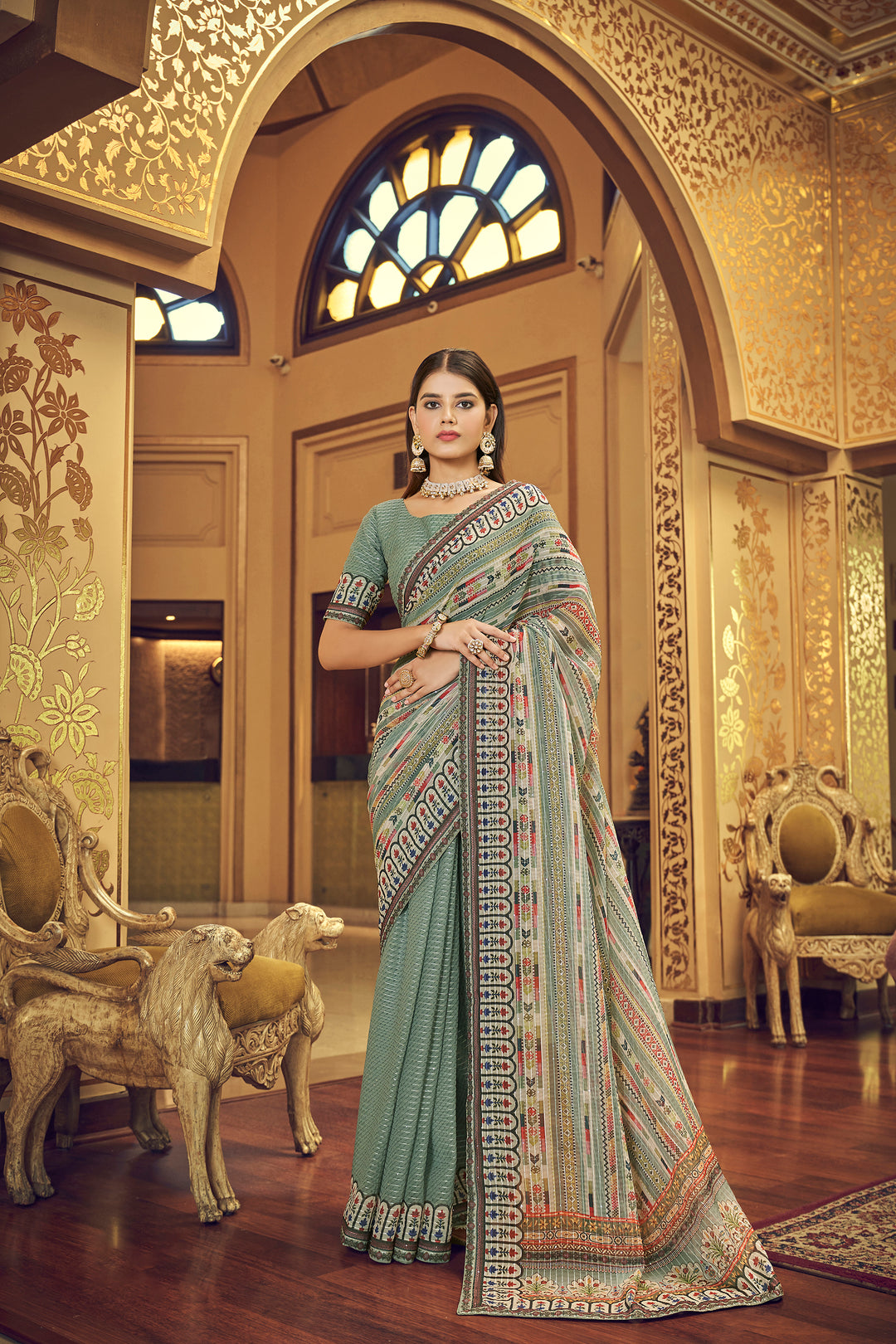 Sea Green Georgette Saree with Sequins Work | Thread and Printed Art Silk Blouse