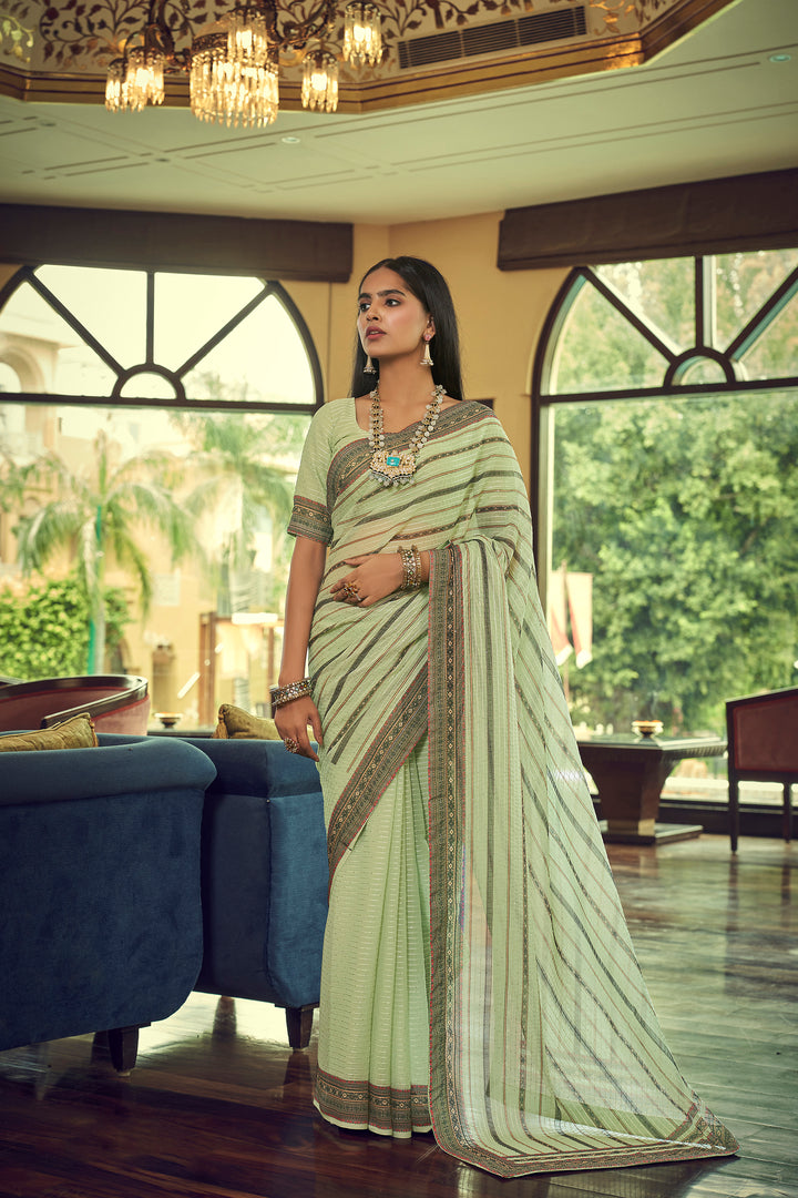 Pista Green Georgette Saree with Sequins Work | Thread and Printed Art Silk Blouse