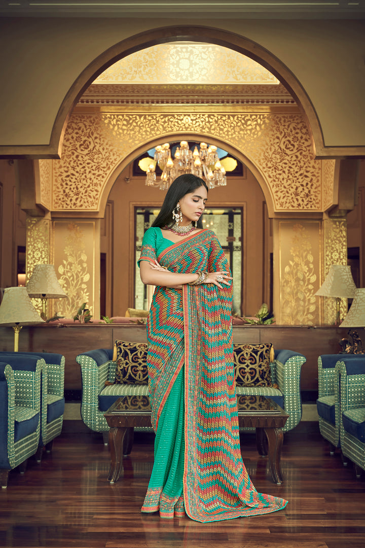 Rama Georgette Saree with Sequins Work | Thread and Printed Art Silk Blouse