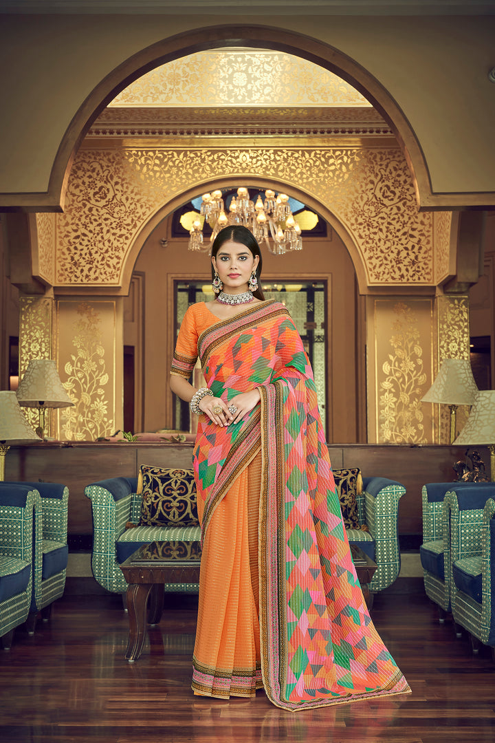 Orange Georgette Saree with Sequins Work | Thread and Printed Art Silk Blouse