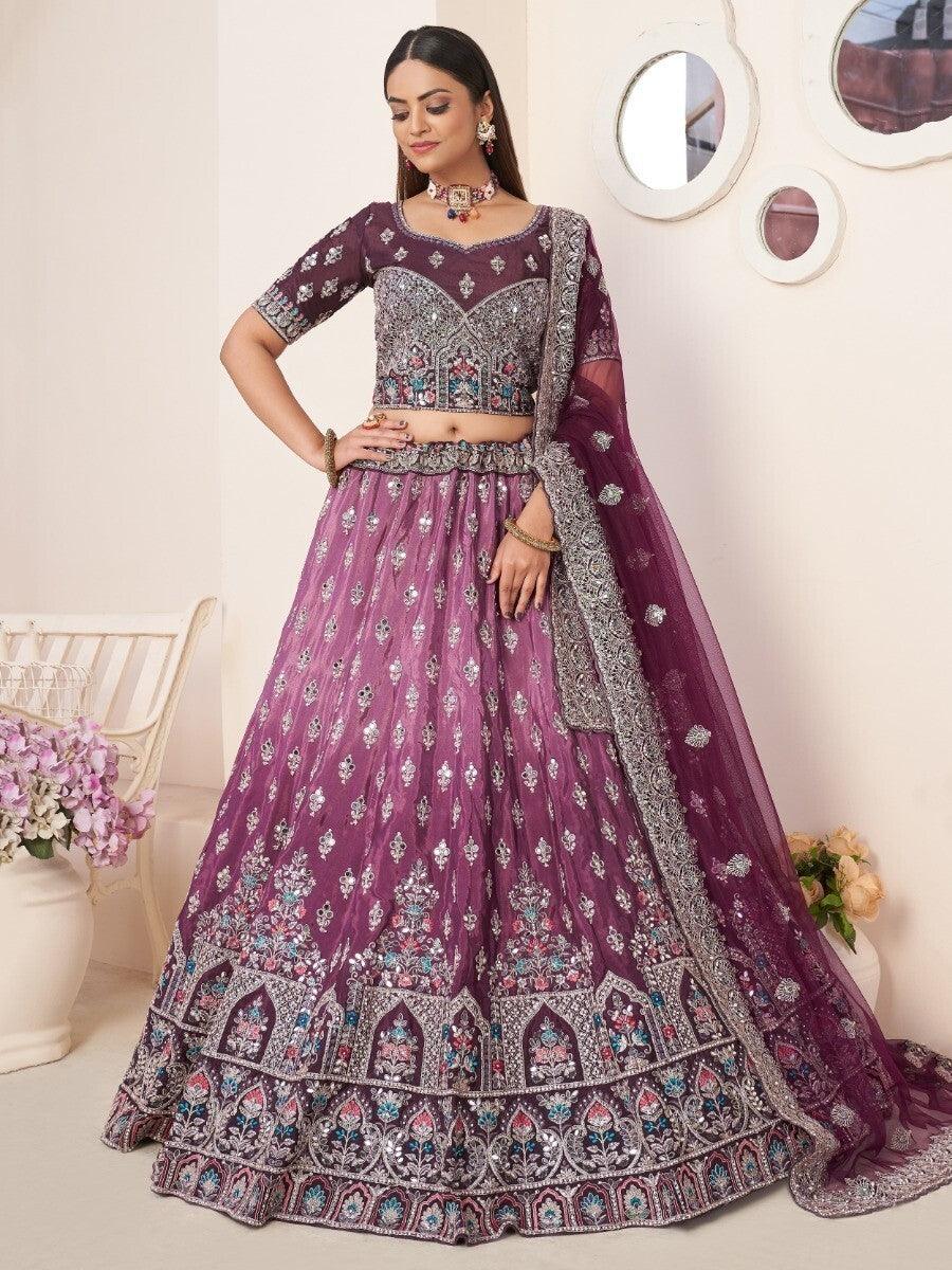 Wine Satin Lehenga Choli | Stone, Mirror & Threadwork for Weddings