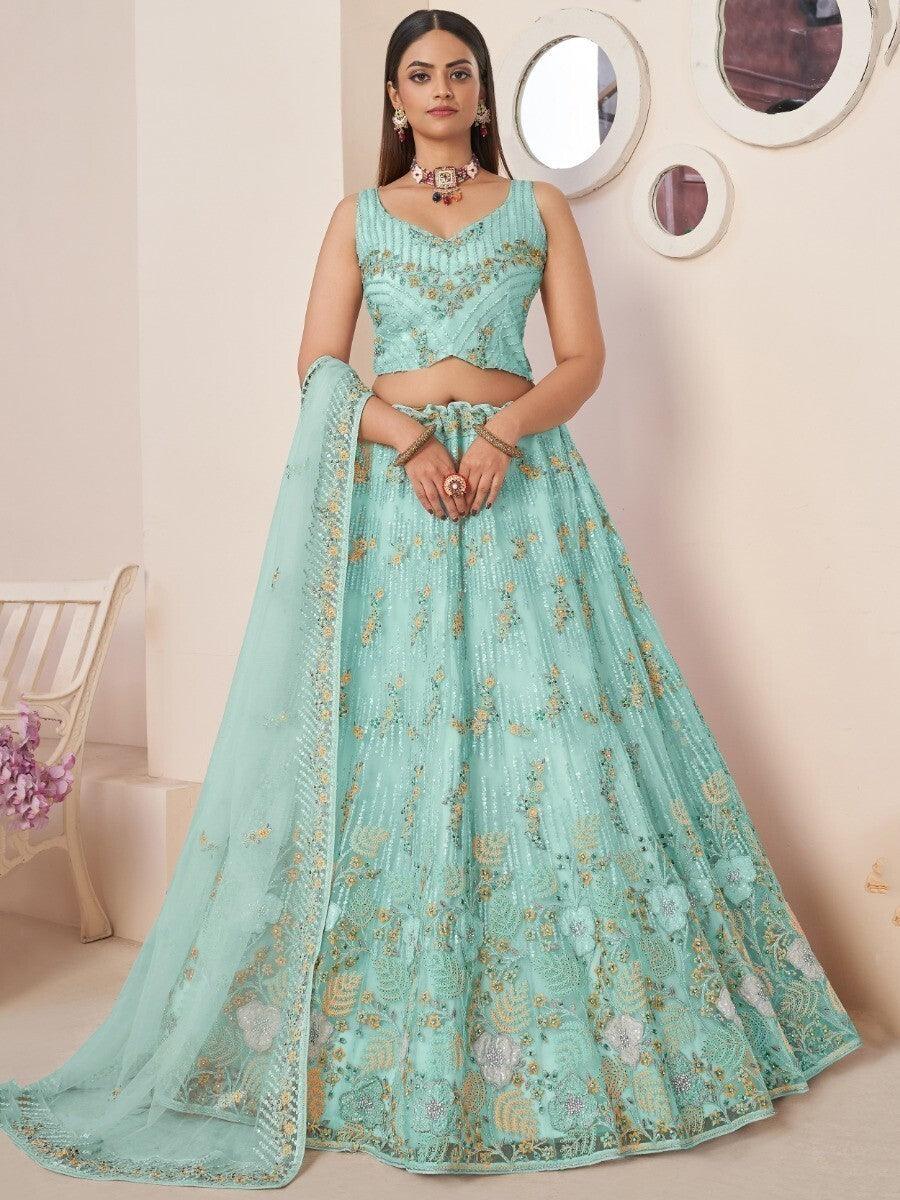 Exquisite Turquoise Lehenga Choli | Sequin, Threadwork & Zari Bridal Set