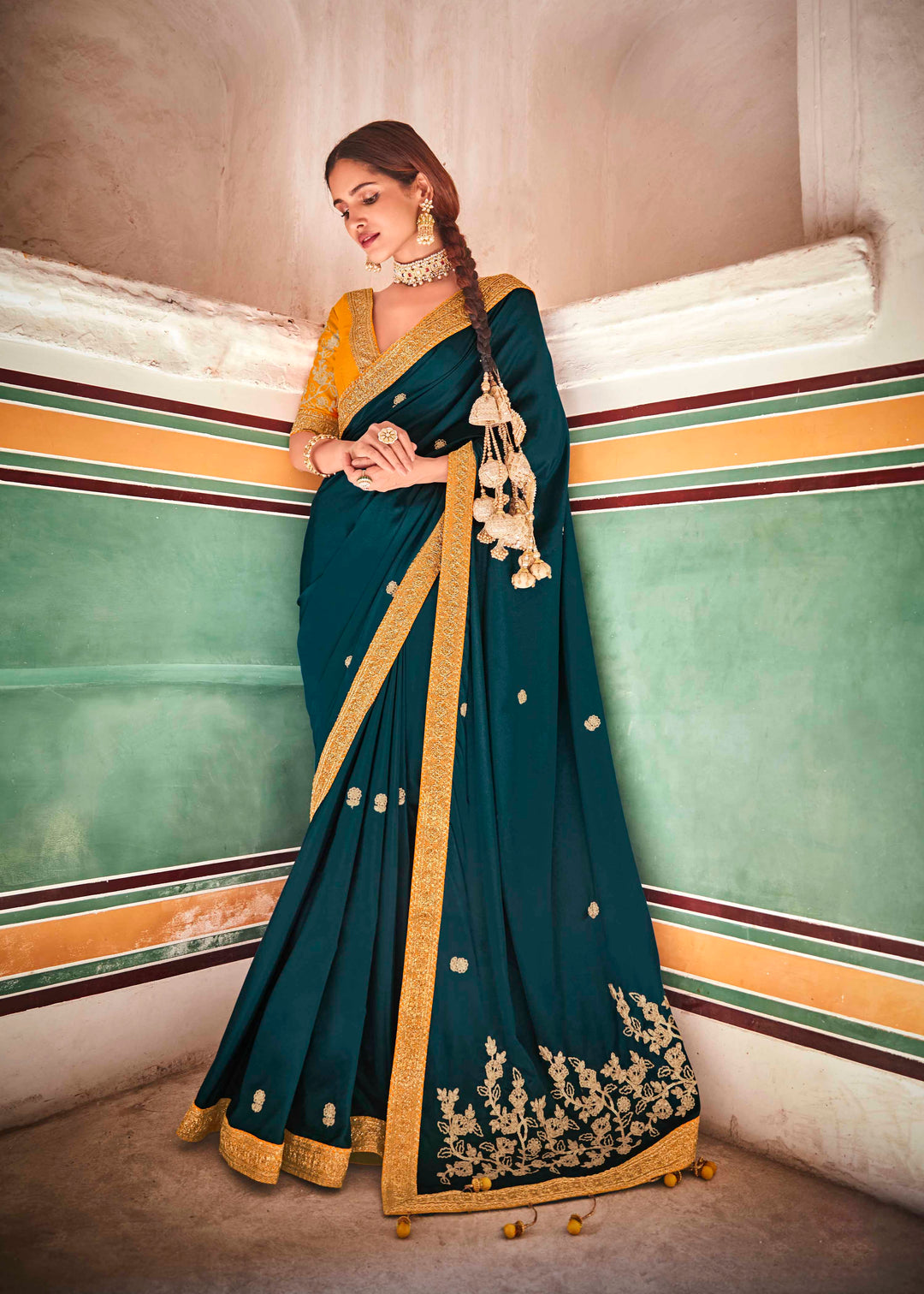 Rama Green Crepe Silk Saree | Art Silk Blouse with Dori and Sequins Work