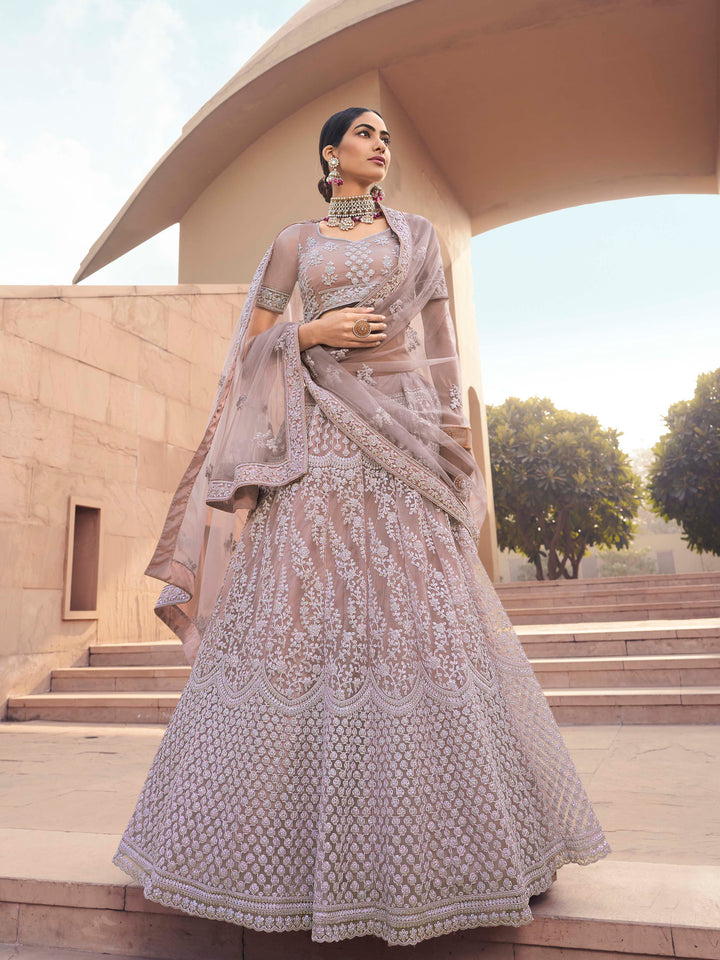 Soft Net Lehenga with Sequins and Dori Work | Semi-Stitched Mauve Lehenga