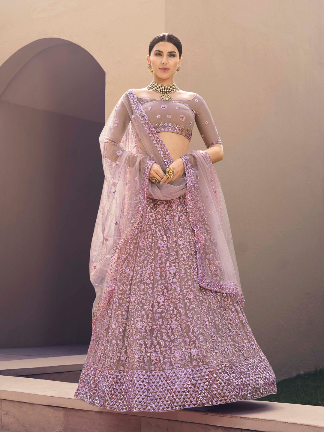 Soft Net Lehenga with Sequins and Thread Work | Semi-Stitched Lilac Lehenga