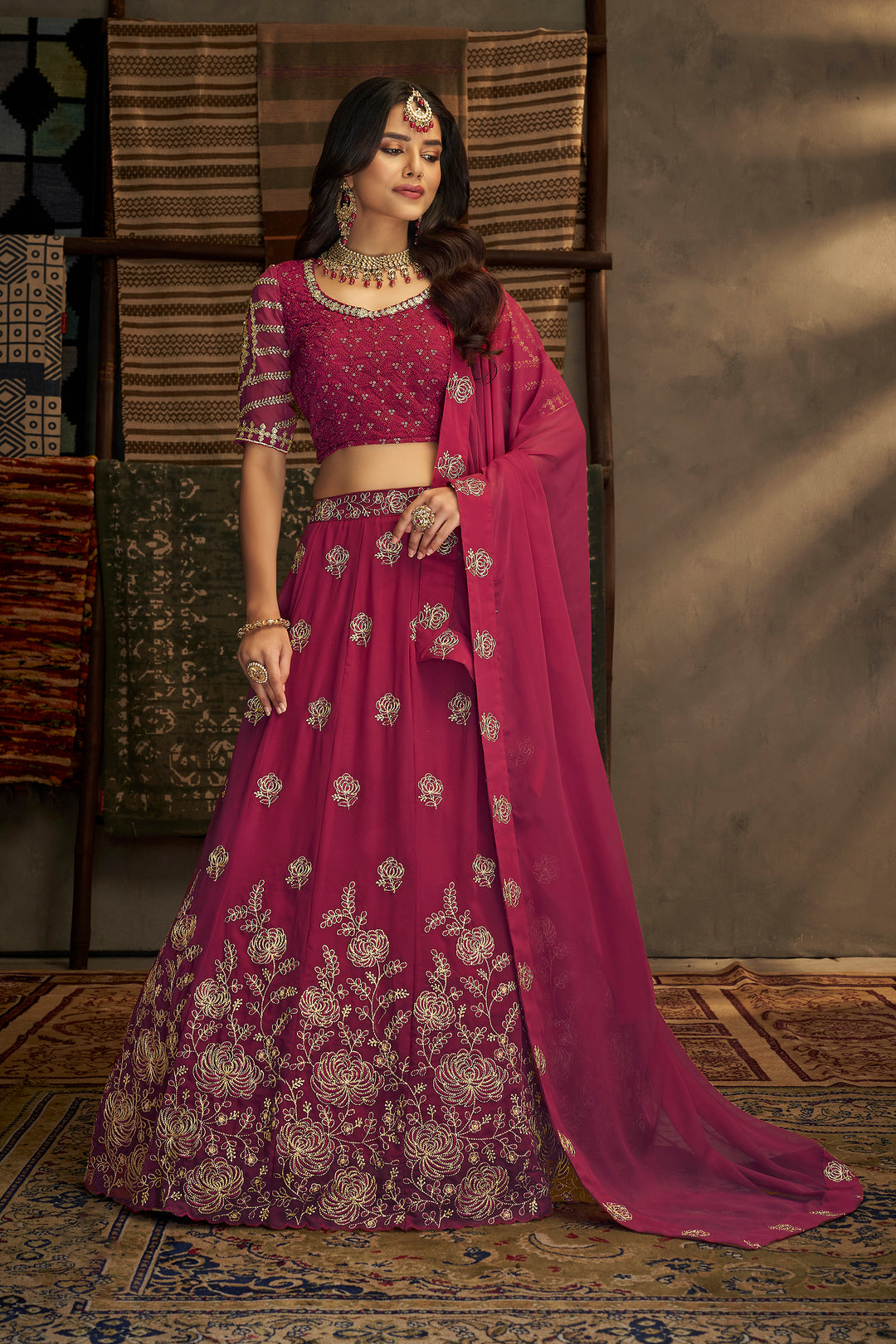 Pink Georgette Lehenga Choli | Semi-Stitched with Dori Thread Work