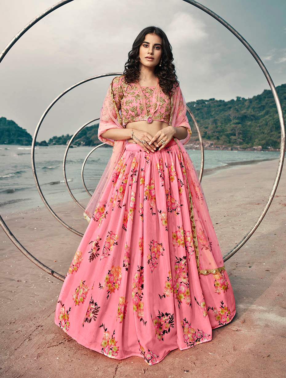 Pink Organza Lehenga Choli | Elegant Printed Design for Special Occasions