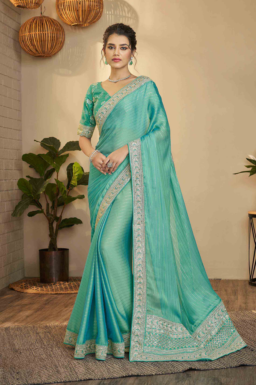 Sea Green Designer Silk Base Saree | Unstitched Blouse Included