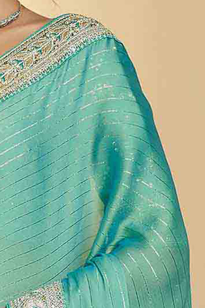 Sea Green Designer Silk Base Saree | Unstitched Blouse Included