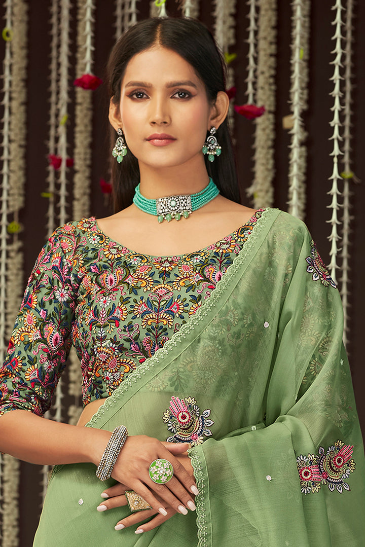 Olive Green Organza Saree | Floral Embroidery & Embroidered Blouse