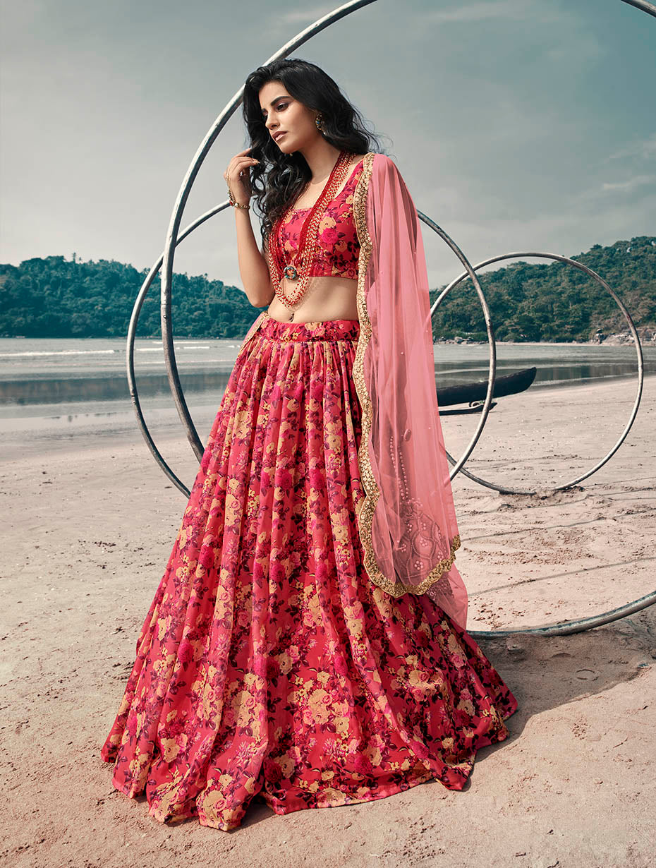 Stylish Red Organza Lehenga | Lightweight Printed Design for Sangeet