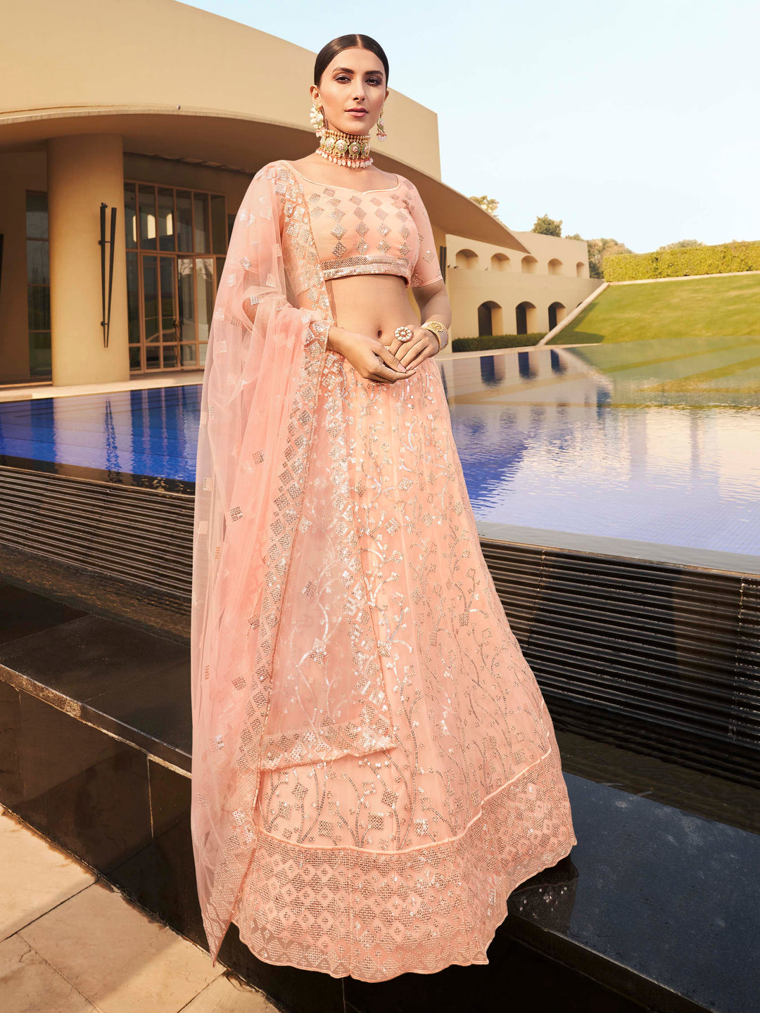 Soft Net Lehenga with Sequins and Thread Work | Semi-Stitched Peach Lehenga