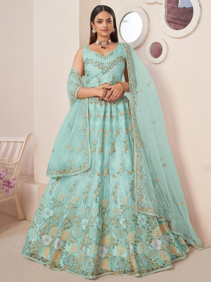 Exquisite Turquoise Lehenga Choli | Sequin, Threadwork & Zari Bridal Set