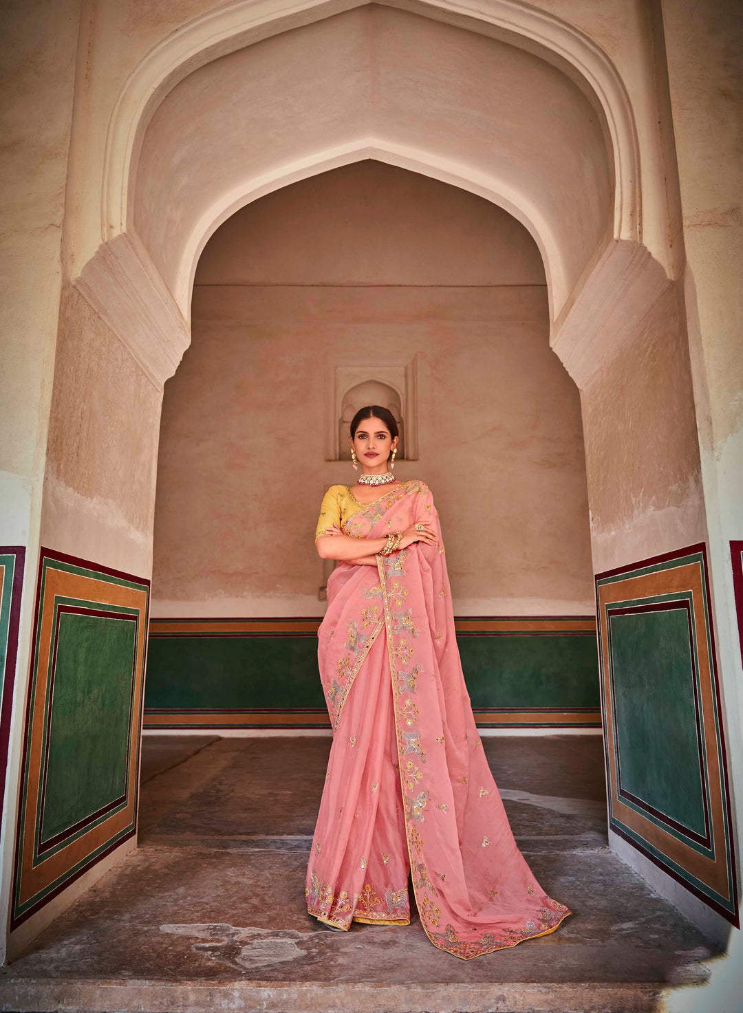 Pink Organza Saree with Zari and Thread Work | Art Silk Blouse for Weddings