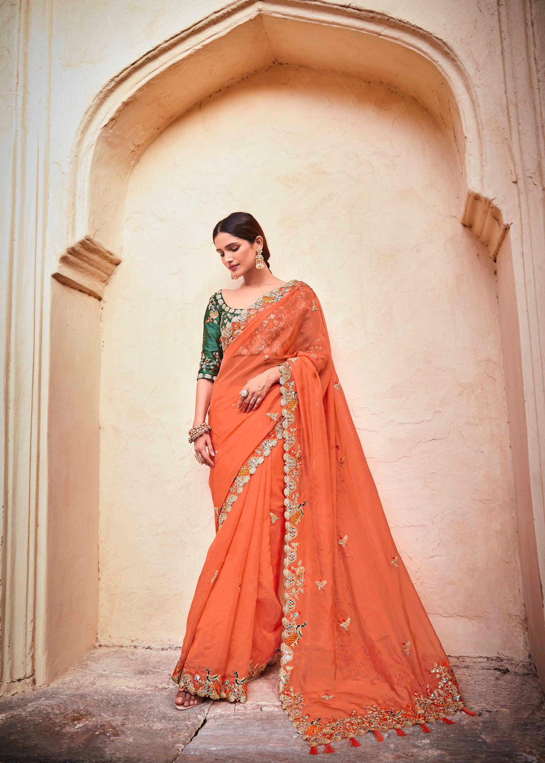 Orange Organza Saree with Dori Work | Art Silk Blouse for Weddings