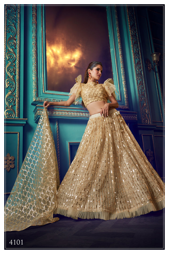 Soft Net Bridal Lehenga in Dusky Beige | Party Wear Lehenga for Women